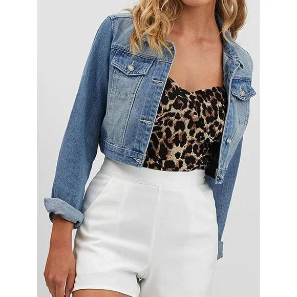 Brand New Women's Acid Blue Washed Cotton Fitted Cropped Denim Jacket Casual - Picture 3 of 7